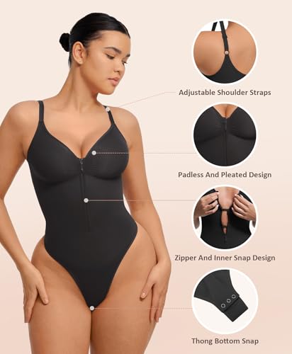 FeelinGirl Shapewear Bodysuits Tummy Control for Women: Seamless Zip-Up Thong Snatched Waist Body Suit V Neck Body Shaper Black X-Large3