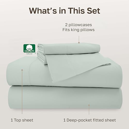 Image of California Design Den - King Cotton Sheets Set, Soft 100% Cotton Sheets, Deep Pockets Snug Fit Elastic, 500 Thread Count Sateen Sheet Sets for Bed (Silver Sage)