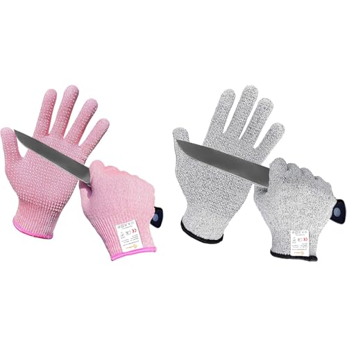 Evridwear Cutting Gloves Level 5 Cut Resistant, Food Safe Gloves with Non-Slip Grip for Kitchen, Meat Cutting & Mandoline Use, 2 Pairs (S, Pink+Gray)