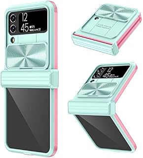 HWeggo Case for Samsung Galaxy Z Flip 4,Galaxy Z Flip 4 Cover with Slide Camera Cover and Hinge protection,Foldable TPU Frame and Acrylic Back,Shockproof Anti-Scatch Protective Case(Blue+Peach)