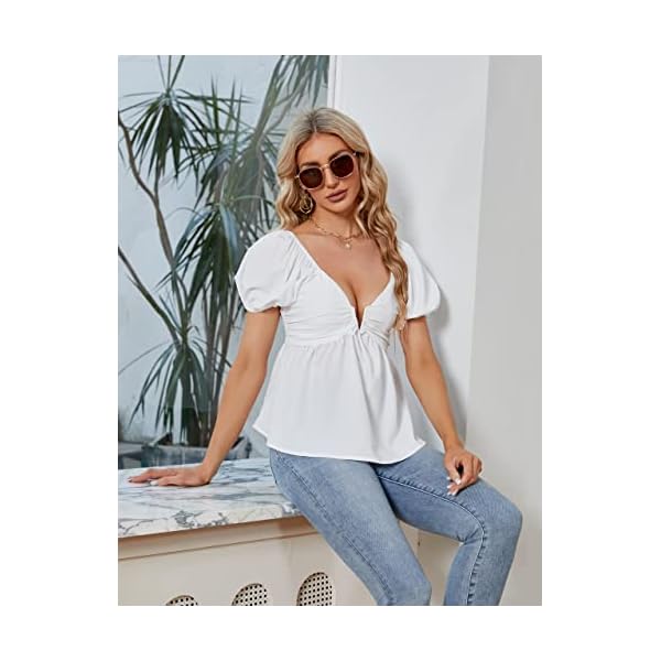 Blooming-Jelly-Womens-Cute-Tops-Peplum-Puff-Sleeve-Going-Out-V-Neck-Sexy-Tops-Backless-Ruffle-Hem-V-Wire-Zip-Blouse Blooming Jelly Womens Cute Tops Peplum Backless Puff Sleeve Trendy Blouses Ruffle Hem V Neck Sexy Tops (Small, White)