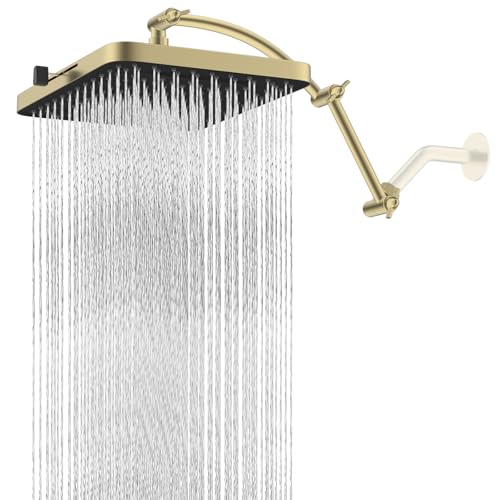 Hibbent Rain Shower Head, 13'' High Pressure Rainfall Square 5 Spray Mode Showerhead with 16" Shower Head Extension Arm, Solid Brass Adjustable Shower Arm Extender, Brushed Gold Square 13''