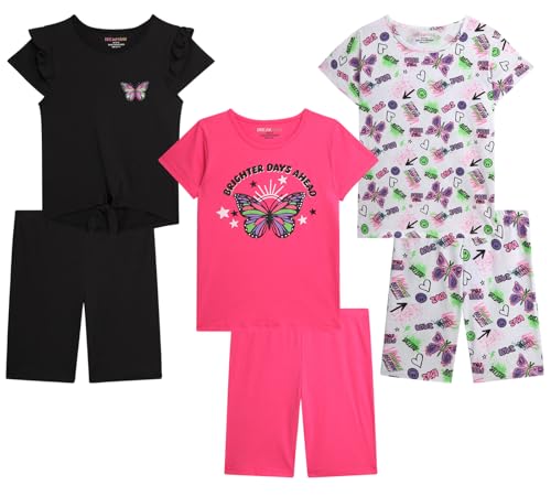 Dreamstar Girls Active Shorts Set - 6 Piece Fashion T-Shirts and Performance Bike Shorts - Summer Outfit for Girls (7-16), Size 10-12, Butterflies