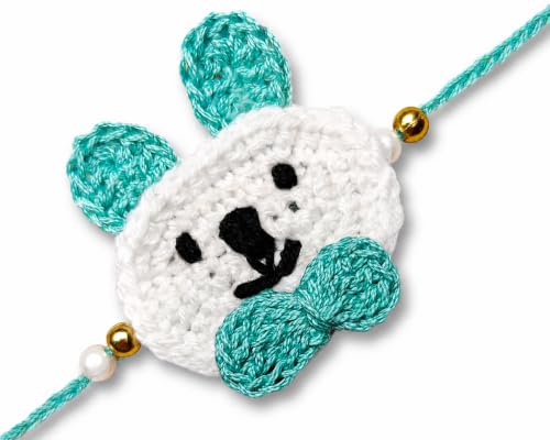 Image of Designer Bunny Bear Crochet Rakhi Made With Soft Cotton Thread | Bunny Bear Rakhi For Kids
