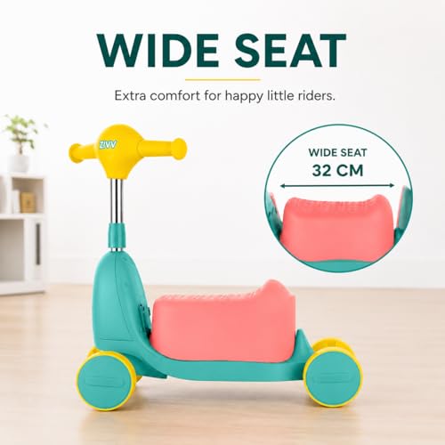 Image of ZIVY Orry Rider 2in1 Kids Scooter & Ride-On Toy Car | Convertible Stand & Drive Scooter | Extra-Wide Comfort Seat, Stainless Steel Stem, Easy Steering & Smooth Wheels for Indoor /Outdoor (Cyan)