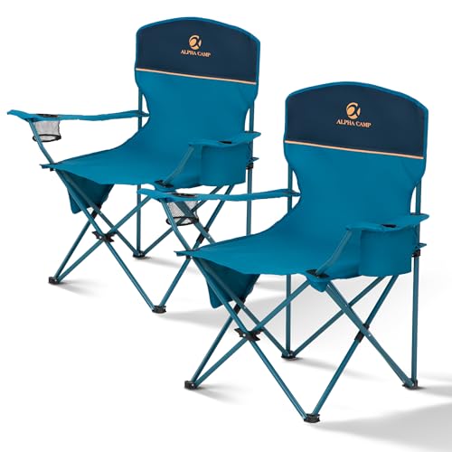 ALPHA CAMP Folding Camping Chairs for Adults Lawn Chairs Outdoor Chairs Support 250 LBS Portable Camp Chairs with Cup Holders Cooler Pouch for Outdoor, 2 Pack