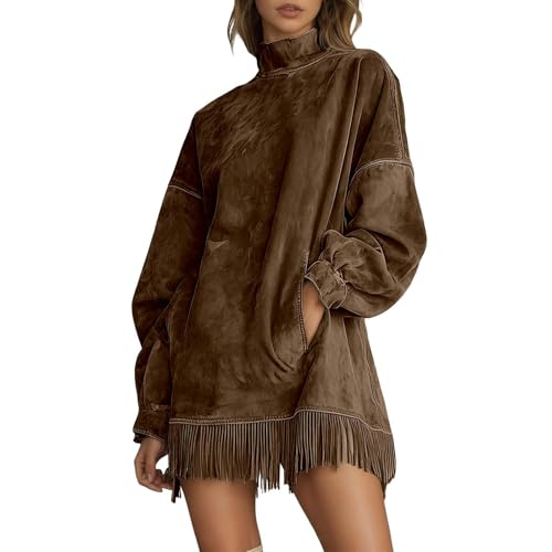 Generisch Damen Westernkleid in Wildleder-Optik Figurbetontes Midikleid mit Tasche Wildlederkleid Retro Abgenutztes Design Pulloverkleid Fransen...