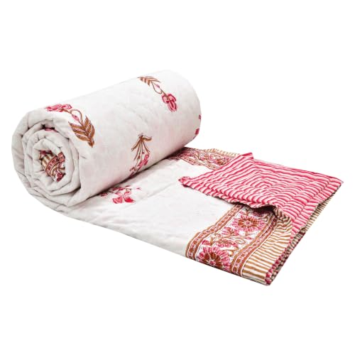 Image of BLOCKS OF INDIA Hand Block Printed Cotton King Size Quilt /Rajai | Pink Peach FLR