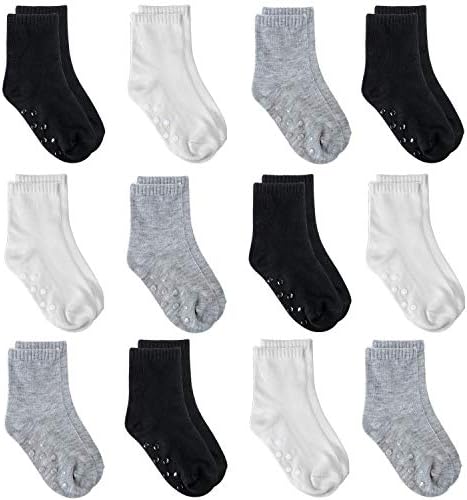 Tenpluszero 12 Pairs Non Slip Toddler Socks Crew Socks with Grips for Baby Boys Girls (Black,White,Grey, 2T/4T)