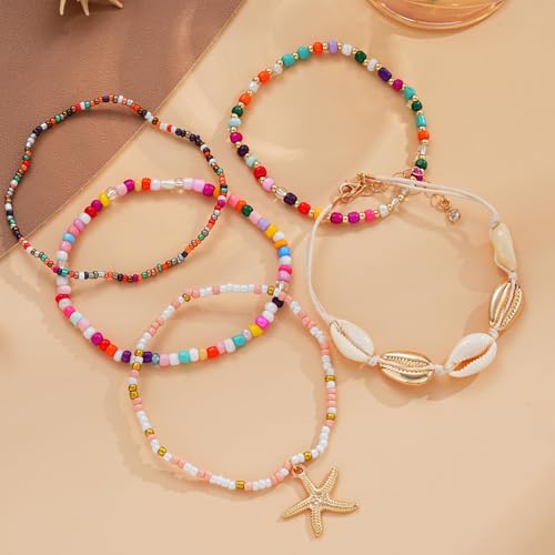 Image of Boho Shell Ankle Bracelet Set for Women, 5 Pairs 14K Boho Bead Handmade Adjustable Anklet, Hawaiian Beach Seashell Starfish Foot Jewelry Gifts