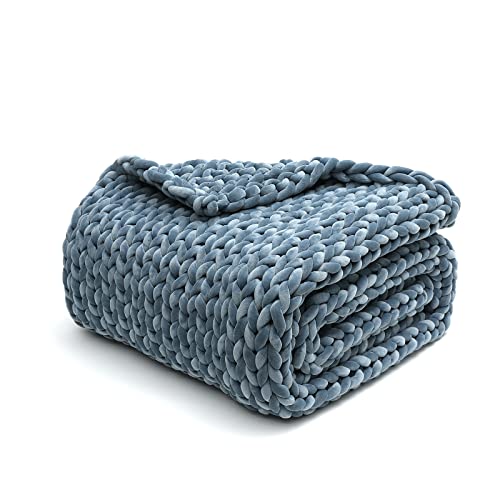 YnM Velvet Weighted Blanket, Handmade Chunky Knitted Design, Soft and Cozy, Temperature Regulating and Breathable, Machine Washable Throw for Sleep or Home Decor (Blue, 60x80 Inch, 15lbs)