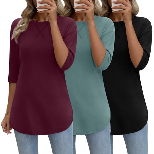 Riyiper 3 Pack Elbow Length Tee Shirts for Women Cotton 3/4 Sleeve Tunic Tops Round Neck Fall Curved Hem Leggings Blouse