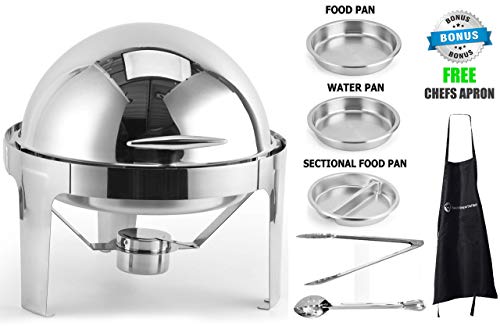 ChefQ 6qt Round Roll Top Chafing Dish Bundle - Stainless Steel Chafer With Food/Water Pan and Sectional Food Pan, Fuel Holders, Tung + Serving Spoon, Buffet Food warmer Set For catered events + Apron