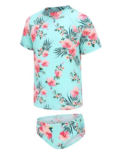 Image of Girls Two Piece Swimsuits Short Sleeve Rash Guard Swim Shirt Bikini Bottom Swim Set Bathing Swim Set Swimwear 3-16 Years