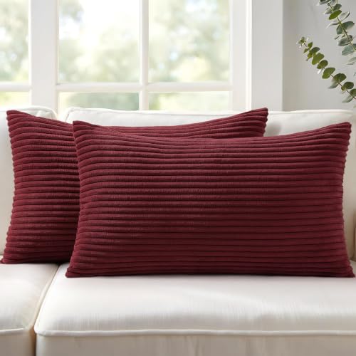 Image of Mecatny Corduroy Decorative Throw Pillow Covers 12x20 Set of 2 for Sofa Living Room, Soft Neutral Boho Couch Pillow Covers for Home Decor, Burgundy