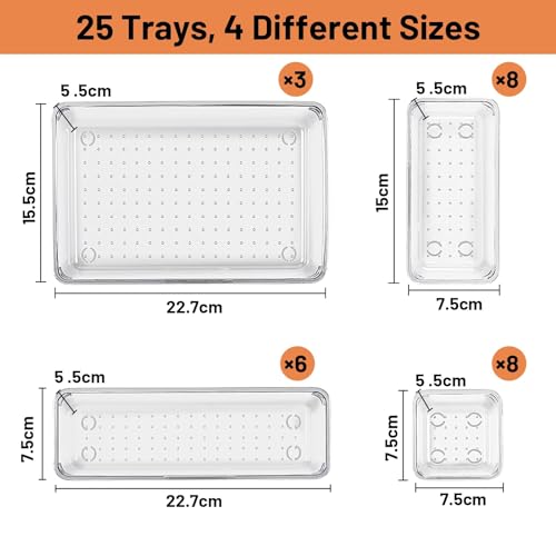 25 Organizadores de Cajones Transparentes con Cajas de Almacenamiento de Plástico de 4 Tamaños,Organizadores de Cosméticos Transparentes Antideslizantes para Baño,Tocador,Cocina,Oficina - Imagen 3