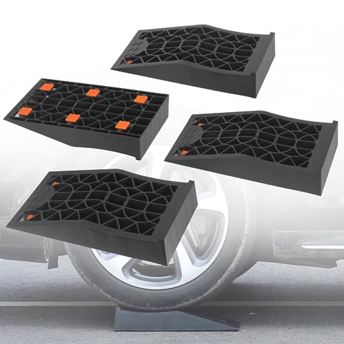 OULEME Low Profile Car Service Ramp - 4 Pack with Anti-Slip Pads for Lift Maintenance and Oil Changes, Low-Chassis Car Tire Ramps for Jack Support