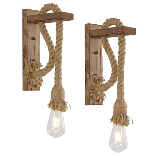 Image of KEESFU Wall Sconce Set of 2, Farmhouse Wood & Hemp Rope Wall Mount Light Fixture, Rustic Light Fixtures for Bedroom Entryway Hallway Living Room.
