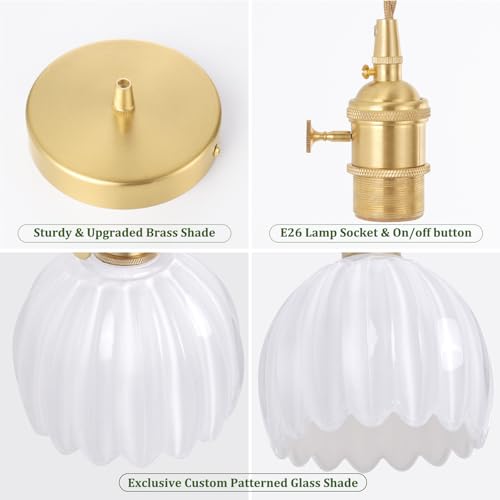 Image of Shenmoyl Pendant Light 2 Pack with White Tulip Glass Lmapshade, Brass Vintage Pendant Light Adjustable Hanging Light for Kitchen Island Dining Room Hallway
