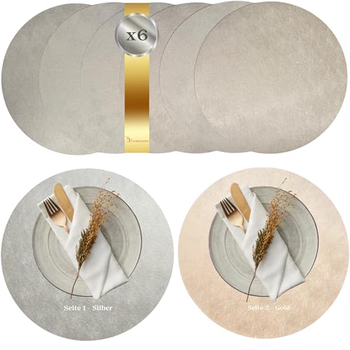 Amber&Bee Tischsets Rund 6er Ø38 cm Gold/Silber doppelseitig abwaschbar