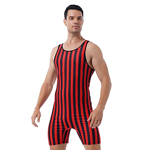 Men's Striped Print One Piece Wrestling Singlet Stretchy Bodysuit Sleeveless Tights Leotard