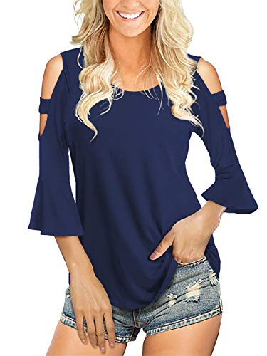 Florboom Womens Cold Shoulder Hollow Out Casual Tunic Solid Blouse Tops Navy Blue M