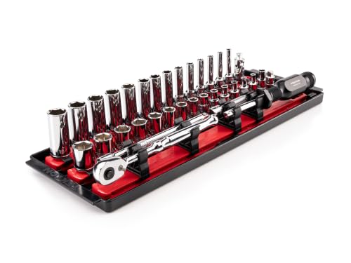 Image of TEKTON 1 /4 Inch Drive 6-Point Socket and Ratchet Set with Rails and Tray, 35-Piece (4-15 mm) | SKT03201