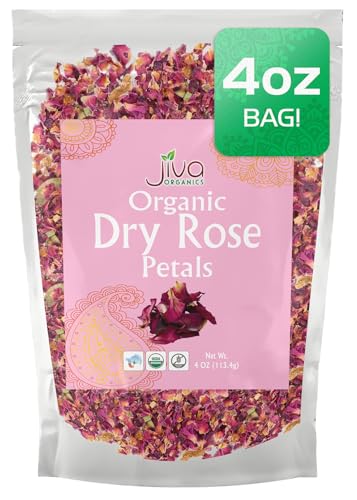 Jiva Organics Dried Red Rose Petals 4 Oz Bag - Non-GMO, USDA Organic, Food Grade, Edible Flowers - Use in Tea, Baking, Making Rose Water, Crafting, Wedding Confetti