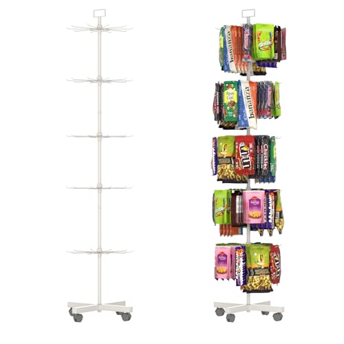 Image of Retail Display Racks 5 Tier Spinning Display Stand, Movable Shop Spinner Rack with Hooks, Retail Display Stand for Jewelry Keyring Hats Socks Toys (White)