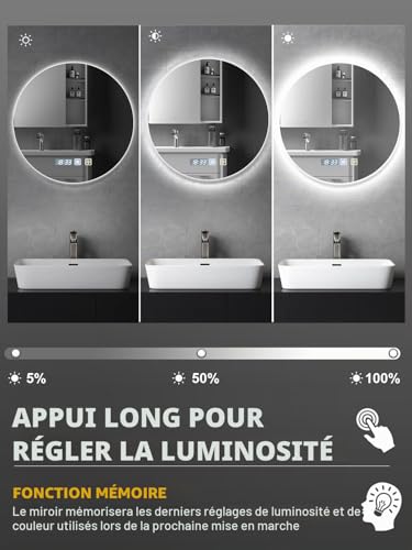 Miroir antibuée rond LED 60 cm avec éclairage 3 couleurs variable - 6