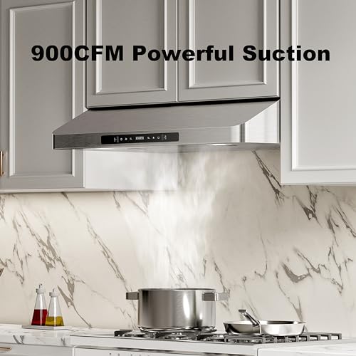 Image of Range Hood 30 inch Under Cabinet with 900CFM, Stainless Steel Kitchen Vent Stove Hood, Touch Control, Permanent Stainless Steel Filters，Ducted Vent, Top and Rear Vents