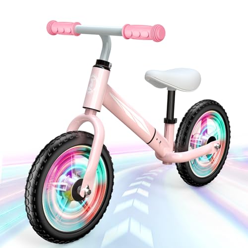 Dromlag Bicicleta sin Pedales para Niños 2-5 Años, Ajustable con Asiento y Manillar, Luces en Ruedas, Regalo Juguete Seguro, Peso 50kg, Color Rosa