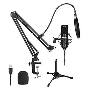 AGPTEK USB-microfoonset, 192KHz/24-bits USB-condensator-studiomicrofoon met schaarstatief, metalen schokdemperhouder…