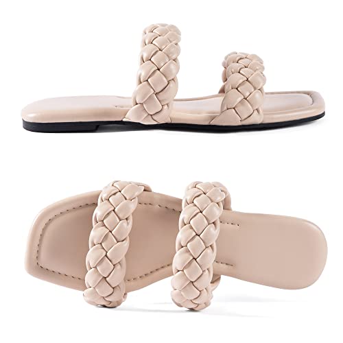 Image of Mtzyoa Women Flat Sandals Raffia Braided Summer Straw Dressy Casual Vacation Bohemian Cute Beach Comfy Slip On Slides