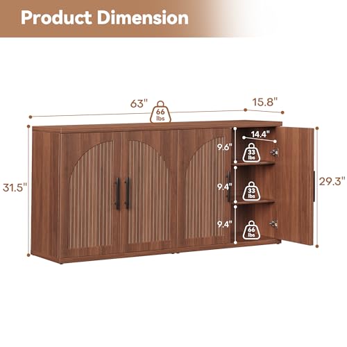 Image of MapleGrace 63 inch Fluted Buffet Cabinet, Walnut Credenza with Adjustable Shelf