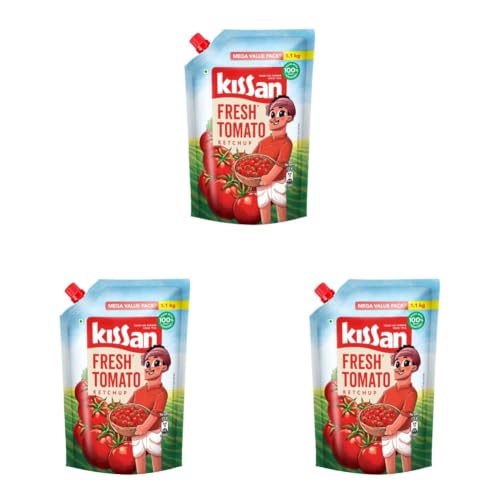 Image of KISSAN Fresh Tomato Ketchup Pouch, 1.1 Kg, for Tasty and Fun Recipes, with Real Juicy Tomatoes, Made with Naturally Ripened Tomatoes, Trusted by Indian Families (Pack of 3)