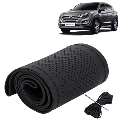 Image of KINGSWAY PU Leatherite Car Steering Cover Sewable Compatible with Hyundai Tucson (Year 2020-2022), Black Color with Black Thread, Pack of 1 with Sewing Needle and Thread