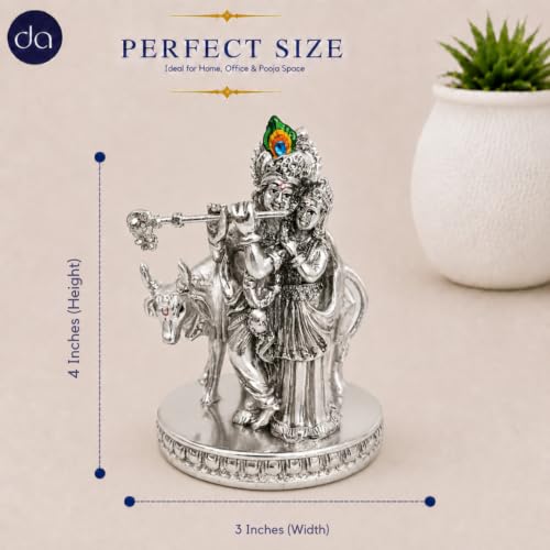 Image of 999 Silver Radha Krishna Idol with Cow - 4 Inch | Radhe Krishna Murti for Wedding for Couple, House Warming Gifts for Pooja Room