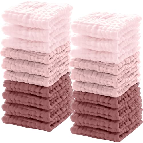 Image of Breling 20 Pcs Baby Muslin Washcloth 12 x 12 Inch 100% Cotton Soft and Absorbent Muslin Washcloth Burp Cloth Wipe Newborn Face Towel for Baby Boy Girl Sensitive Skin(Pink, Bean Paste, Dark Pink)