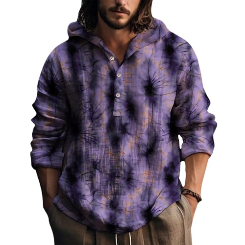 Mens Hoodie Shirts Tie Dye Print Long Sleeve Pullover Loose Fit Vintage Casual Henley Button Fall Hooded Sweatshirts