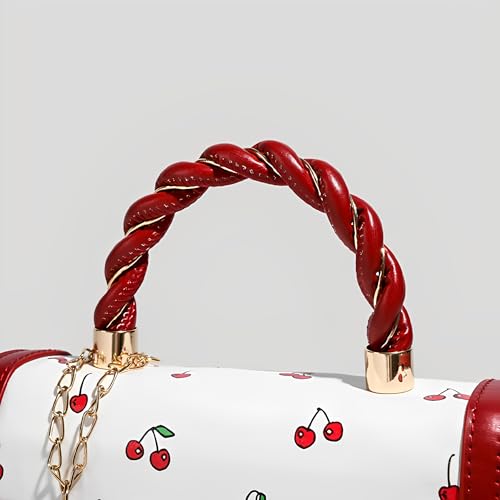 Image of Cherry Leather Tote Bag - Cute Y2K Shoulder Purse for Women, Red Designer Handbag with Top Handle, Fruit Print Clutch Satchel