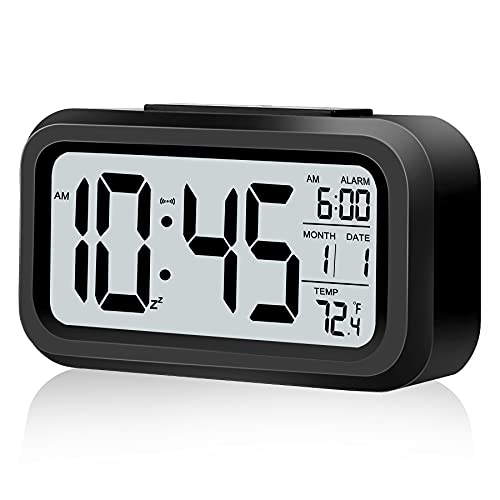 Alarm Clocks for Bedrooms, Battery Operated Desk Clock, with Smart Night Light, Snooze, Date, 12/24H, Indoor Temperature, LCD Electronic Clocks for Living Room Home Desk Travel Best Decor(Black)