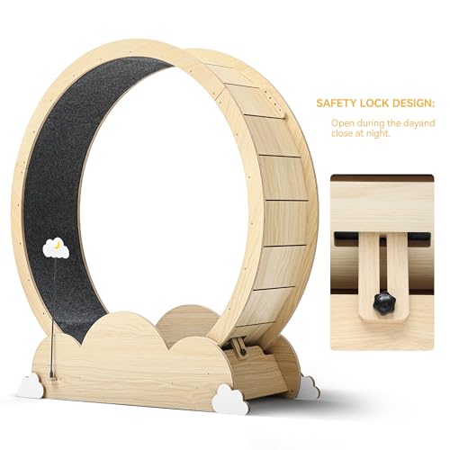 DWVO 43in Cat Exercise Wheel for Indoor Cats with Locking Mechanism, Natural Solid Wood Sturdy Cat Treadmill Wheel with Detachable Carpet, Suitable for Most Cats