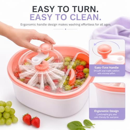 Image of Manual Fruit and Vegetable Cleaner Basket, Food Washer, Deep Cleaning Produce Rinse Bowl, Kitchen Strainer for Fruits and Vegitable, Pink