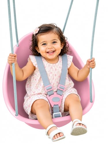 Swurfer Coconut Toddler Swing Comfy Baby Swing Outdoor 3-Point Adjustable Safety Harness Secure Safe Quick Click Locking System Blister-Free Rope Easy Installation Ages 6-36 Months Rose Pink