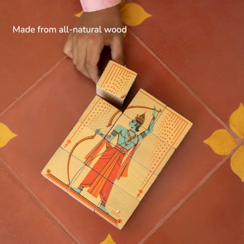 Image of 3D Wooden Toys for Kids 3-8 Yrs | 6 Puzzles in 1 Toy + 30 Activities | 12 Natual Wooden Puzzles for Kids with Activity Book | Indian Folk Art Wooden Blocks | Ramayana Theme