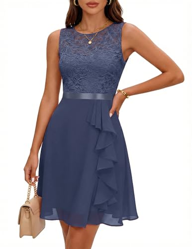 Image of BeryLove Womens Boat Neck A Line Sleeveless Lace Formal Homecoming Dress | Short Dress With Ruffle Hem, Sparkly Design Ideal For Wedding Guest,Bridesmaid Cocktail Prom & Evening Party Events
