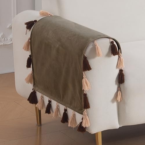 Image of HOKIPO Premium Holland Velvet Armrest Covers with Tassel for Sofa - 'TasselTone Series' (2 Pcs), Coffee Brown (IN-1102-CF*2SM)