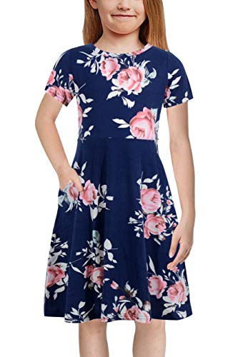 GORLYA Girl’s Short Sleeve Floral Print Casual Fit and Flare Party Dress