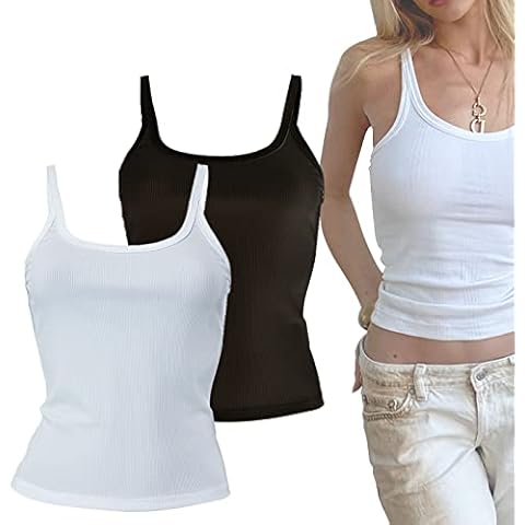 ITAYAX White Black Low Cut Tank Tops for Women Ribbed Fitted Sexy Tank Top,Casual Scoop Neck Sleeveless Tops,Women's Breathable and Shape-retaining Tank Tops Cover